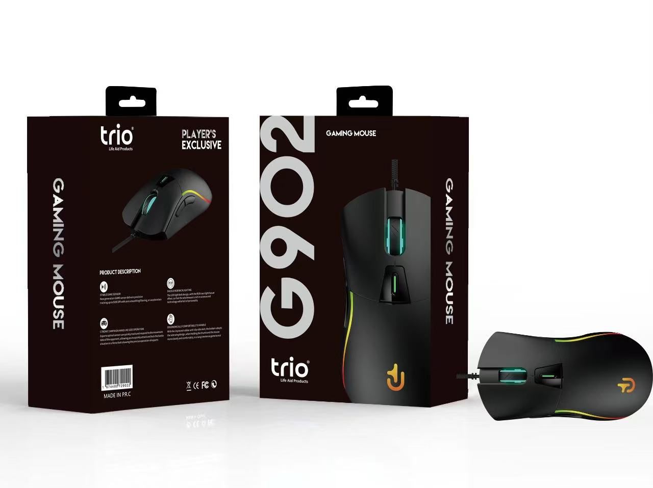TRIO G902 Kablolu RGB Gaming Mouse Siyah - 7200 DPI, 6 Tuş, Ergonomik Tasarım, RGB Aydınlatma
